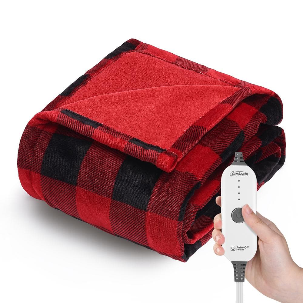 Sunbeam 50 in. x 60 in. Nordic Premium Heated Throw Electric Blanket Red Black Buffalo Plaid 12535 The Home Depot