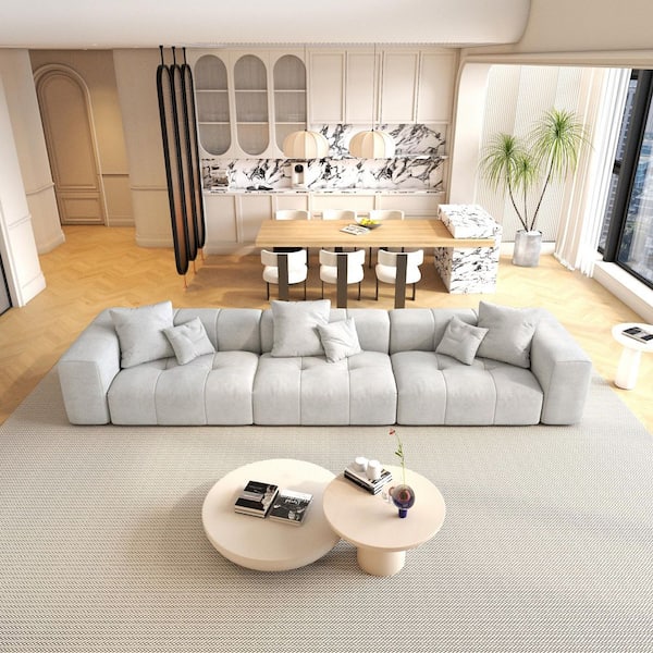 144.17 in. Wide Square Arm Linen Modern Oversized Rectangle Sofa For Living Room in Beige
