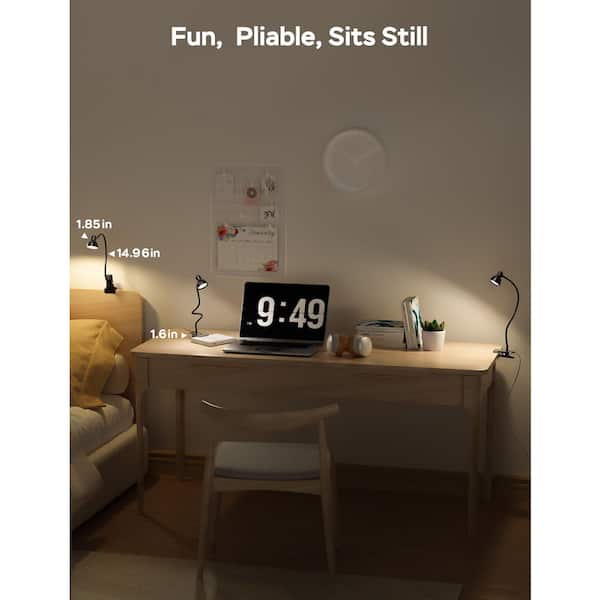 15 in. Black Metal LED Clip-On Desk Lamp with Flexible Gooseneck and 3 Color Modes for Bed Headboard or Computer Use