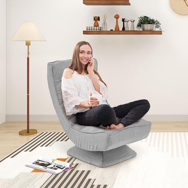 360-Degree Swivel Polyester Grey Floor Chair 5-Level Adjustable Lazy Chair with Massage Pillow Chaise Lounge