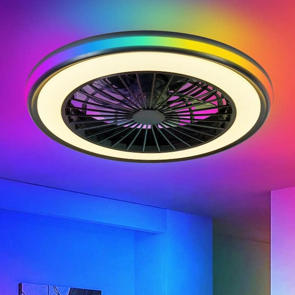 Frex 20 in. Round Gloss Black Smart LED Semi-Flush Mount Ceiling Fan with RGB Remote&App Control for Bedroom,Living room