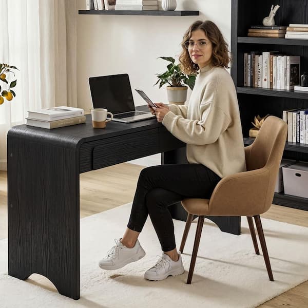 47 in. Rectangular Black Wood Waterfall Writing Desk with 2 Storage Sliding Drawers and Curved Statement Pulls
