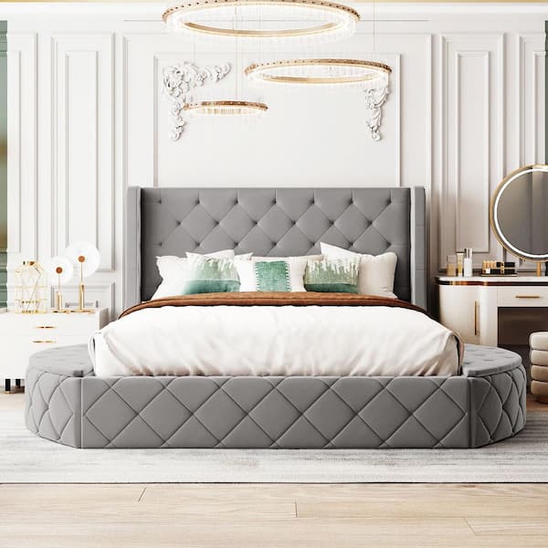 Gray Wood Frame Queen Size Platform Bed with Wingback Headboard and 1 Big Drawer