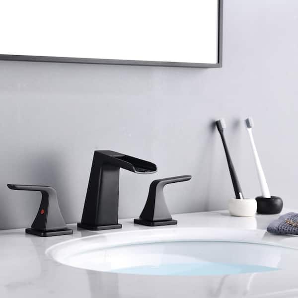8 in. Widespread 2-Handle Waterfall Spout Bathroom Faucet with Pop-Up Assembly in Matte Black