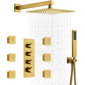 3-Spray Patterns Thermostatic 12 in. Wall Mount Rain Dual Shower Heads with 6-Jet in Brushed Gold (Valve Included)