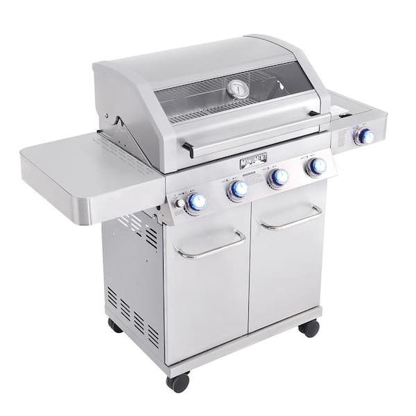 Monument Grills 4-Burner Propane Gas Grill in Stainless with Clear View Lid, LED Controls and Side Burner