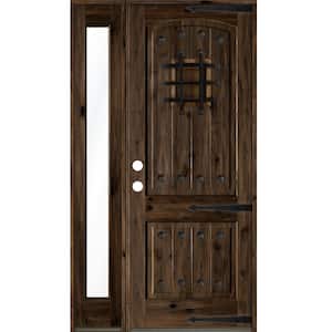 56 in. x 96 in. Mediterranean Knotty Alder Right-Hand/Inswing Clear Glass Black Stain Wood Prehung Front Door w/Sidelite