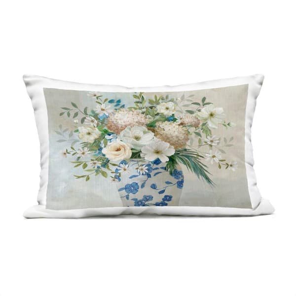 Classic Ornate Flower Vase Beige Rectangular Outdoor Throw Pillow