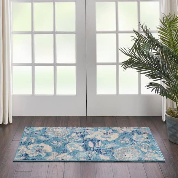 Tranquil Turquoise  doormat 2 ft. x 4 ft. Floral Modern Kitchen Area Rug