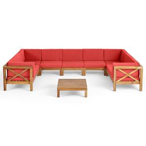 Brava Teak Brown 6-Piece Acacia Wood Patio Conversation Sectional Seating Set with Red Cushions