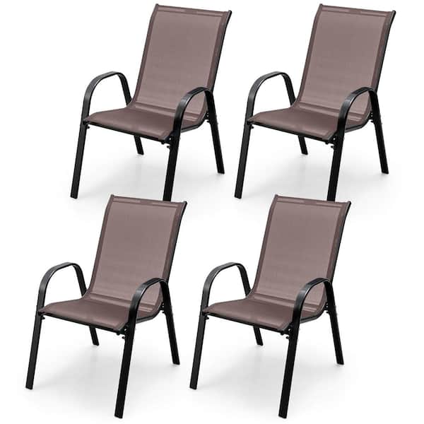 Gymax 4-Piece Patio Stacking Dining Chairs w/Curved Armrests and Breathable Seat Fabric Brown