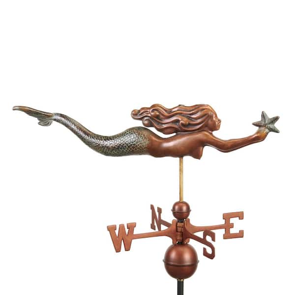 Good Directions Pure Copper Hand Finished Multi-Color Patina Mermaid with Starfish Weathervane
