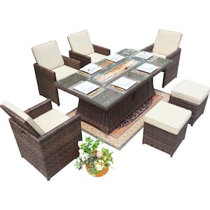 Patton Brown 7-Piece Wicker Patio Fire Pit Dining Sofa Set with Beige Cushions