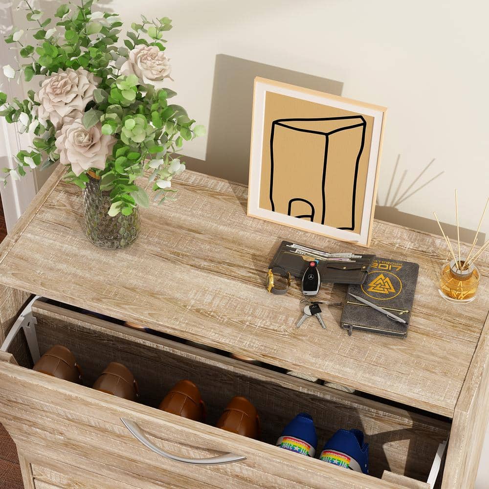 Brown Wood Grain 3-Tier Shoe Storage Rack with Metal Handles