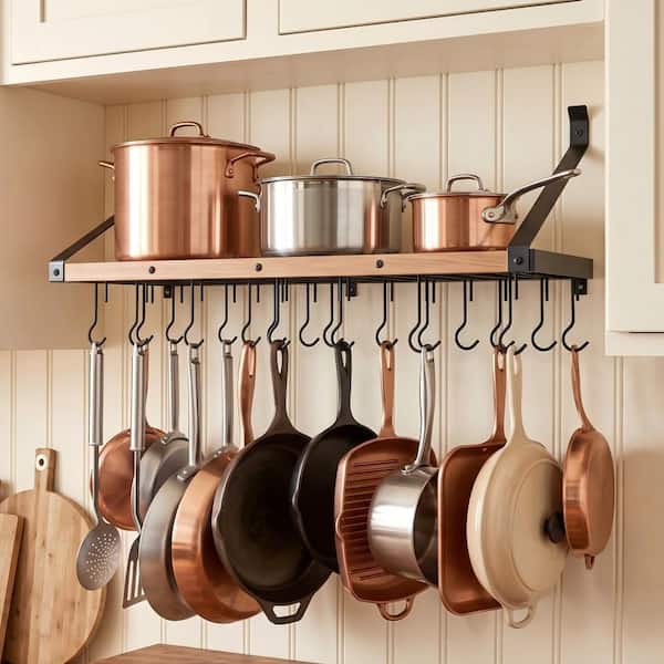34 in. Wall Mounted Pot Rack with 20 Hooks, 66 lbs. Capacity, Solid Wood Support, Fits 16 in. Studs, Matte Black