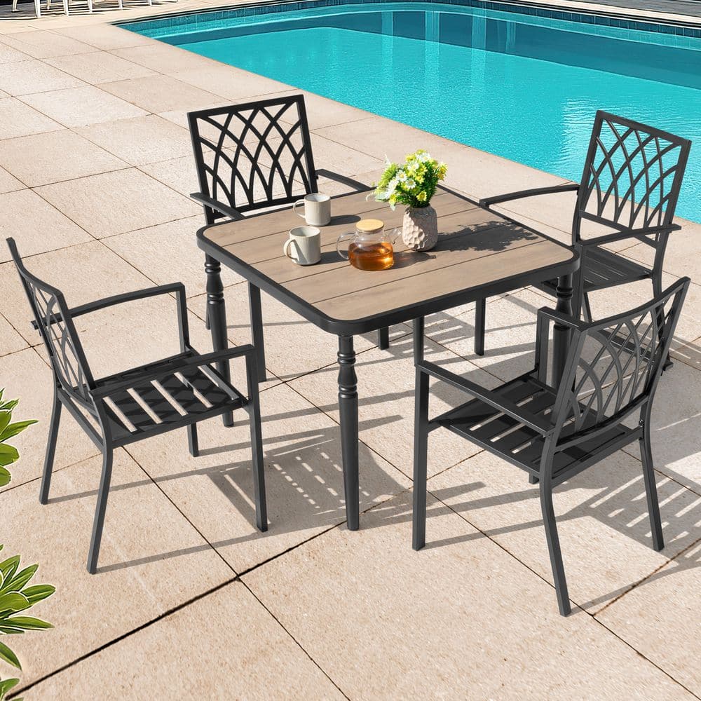 Black 5-Piece Metal Square Outdoor Dining Set with Umbrella Hole and Wood-Grain Tabletop, Stackable Chairs price history on PriceWatchPro
