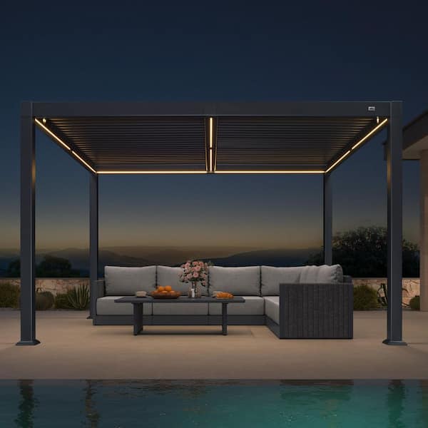 10.2 ft. x 12.3 ft. Gray Aluminum Outdoor Louvered Pergola with 2-Individual Adjustable Sunshade Roofs and LED Lights