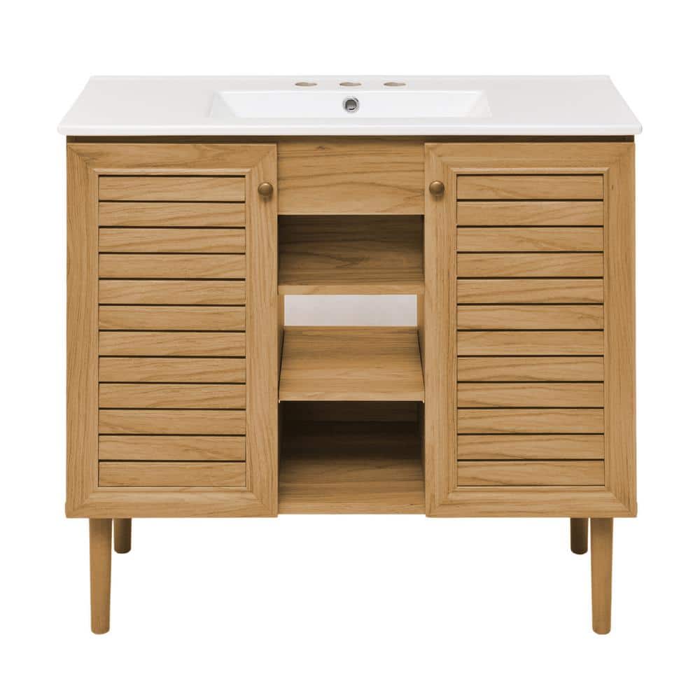 Bron 36 in. W Bathroom Vanity in Brown Oak with White, 3-Hole Ceramic Sink Top price history on PriceWatchPro
