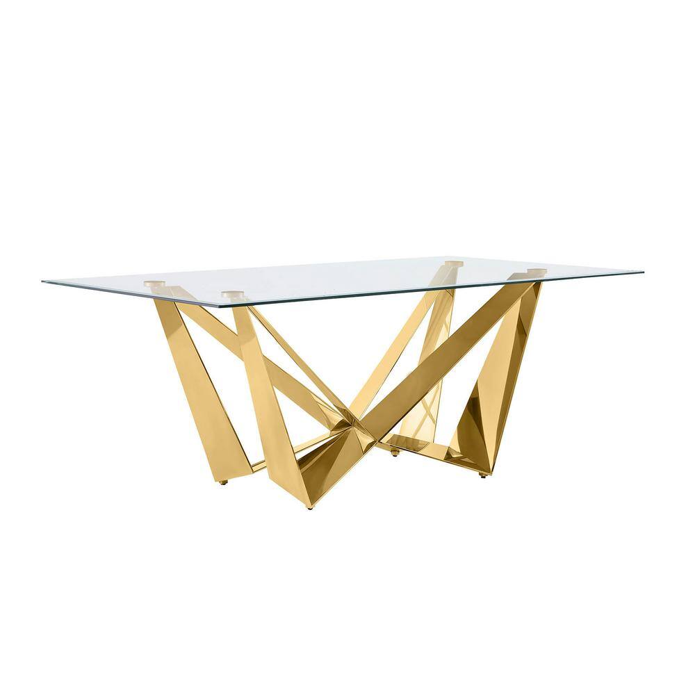Clear Tempered Glass Dining Table with Gold Geometric Base