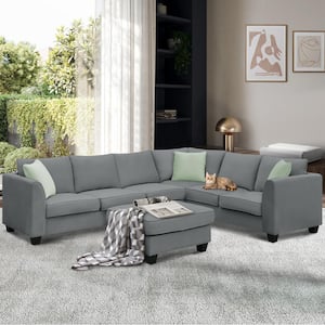 112 in. 3-Piece Fabric Upholstered Sectional Sofa Set in Gray with Ottoman and 3 Pillows