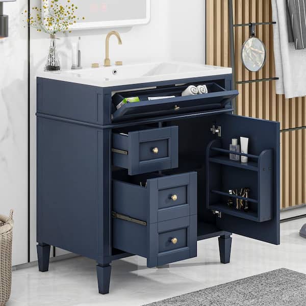 36 in. W x 18 in. D x 33 in. H Single Sink Freestanding Bath Vanity in Blue with White Resin Top and 3 Drawers