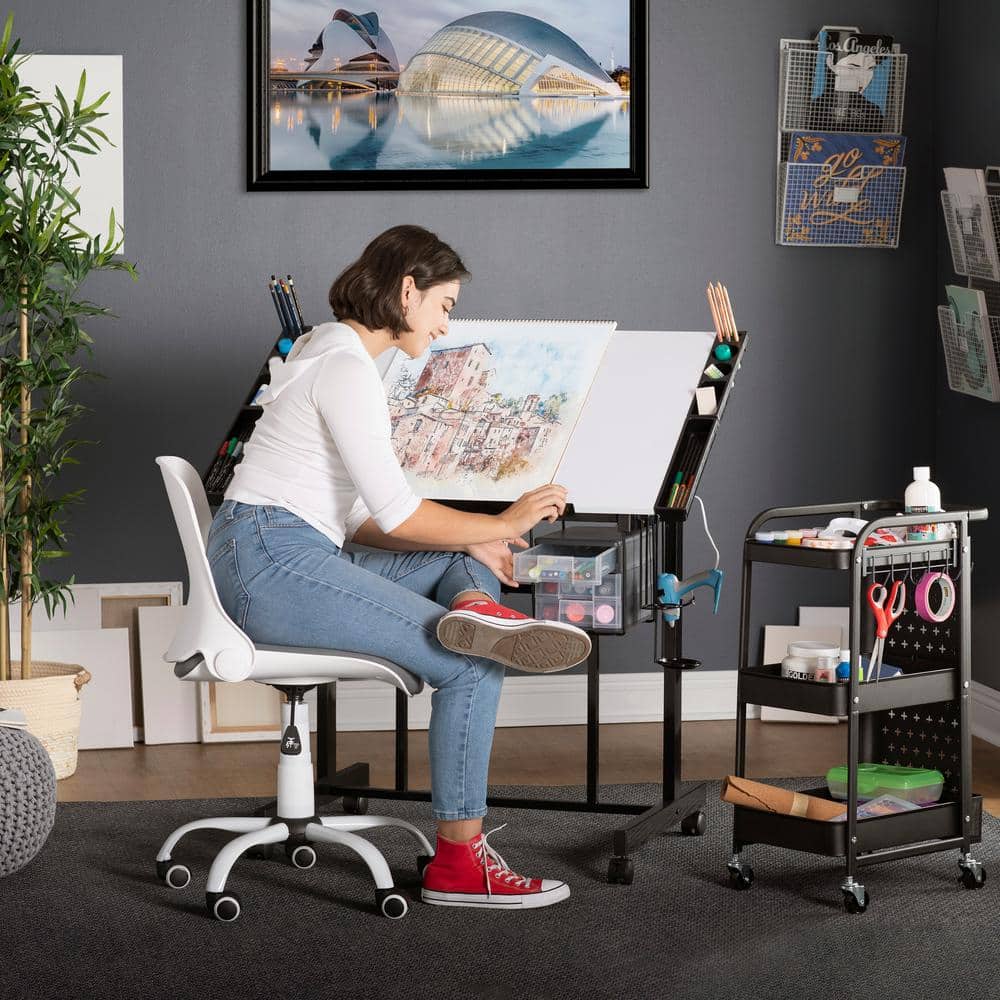 Adjustable Black and White Craft Station with Drawers