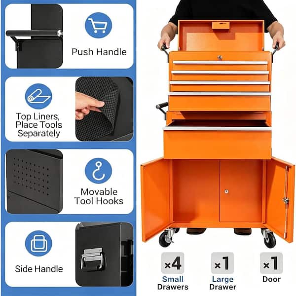 PioneerWorks 5-Drawer Orange Tool Chest Tool Box ,Lockable