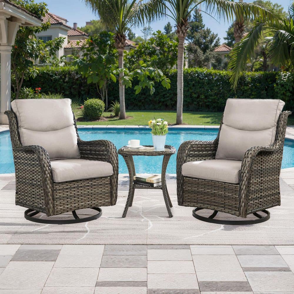 LunaCurve 3-Piece Gray Wicker Patio Conversation Set with 5 in. Olefin Beige Cushions and Swivel Gliders/Side Tables price history on PriceWatchPro