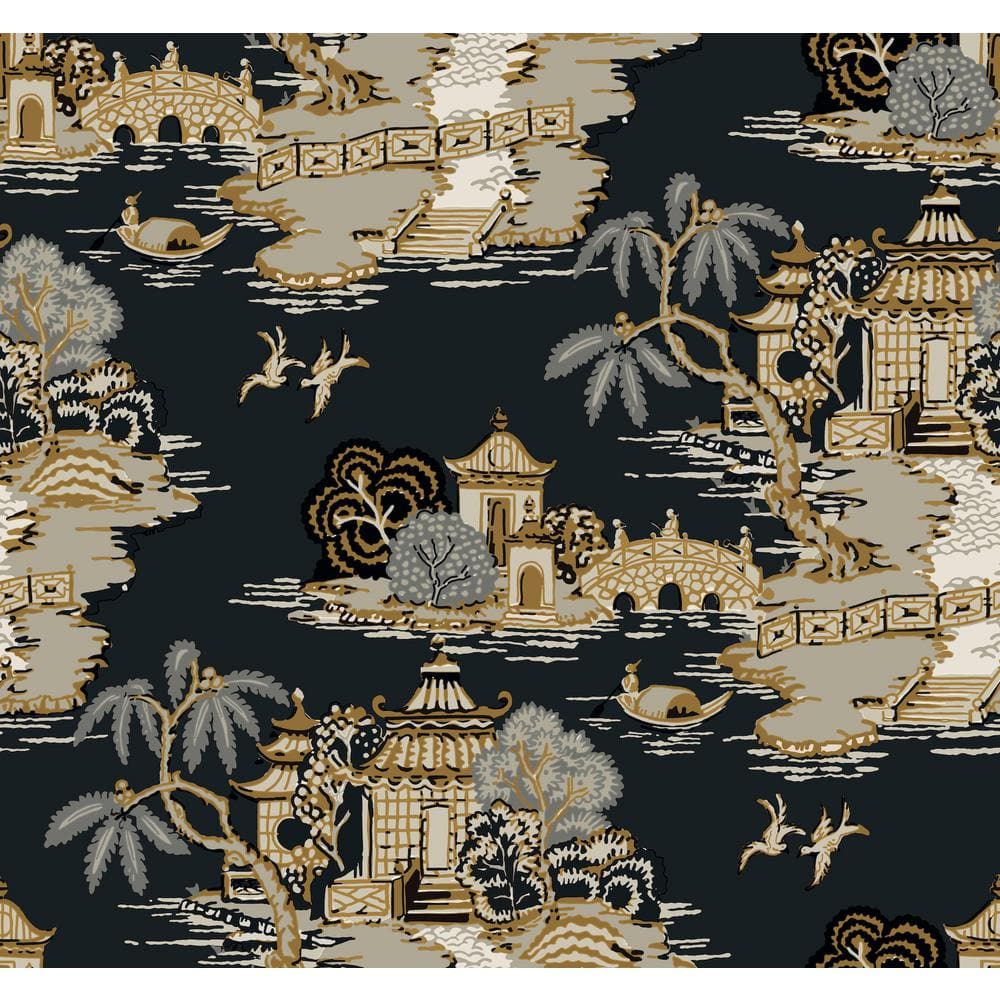 Black Scenic Pagoda and Sampan Toile Wallpaper