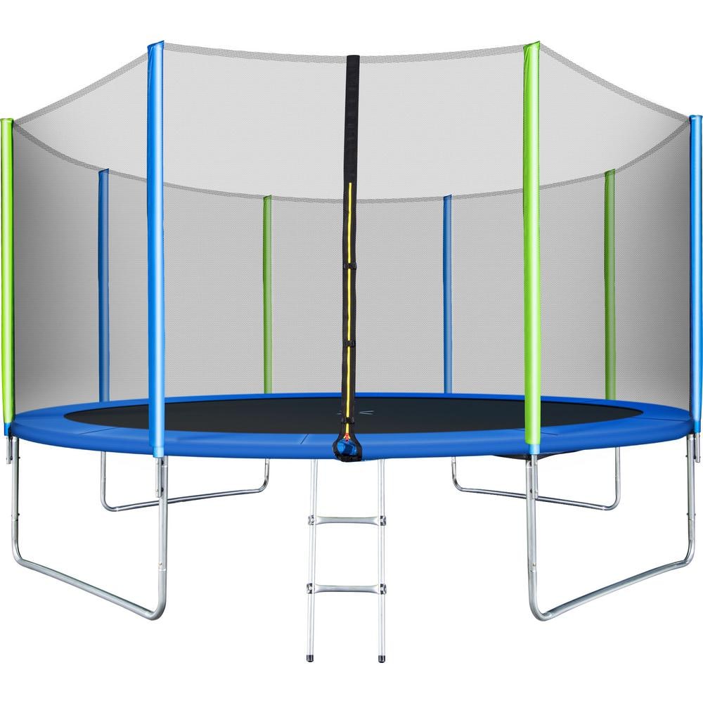 14 ft. Outdoor Round Large Trampoline with Safety Enclosure Net, Ladder and 8 Wind Stakesr in Blue
