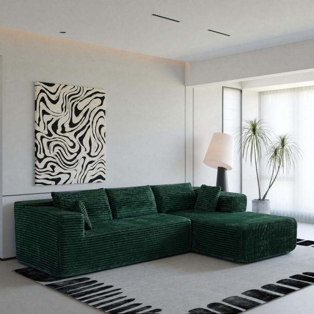 106 in. Square Arm Corduroy Fabric L-Shaped with Chaise and Attached Pillows Sofa in Green price history on PriceWatchPro