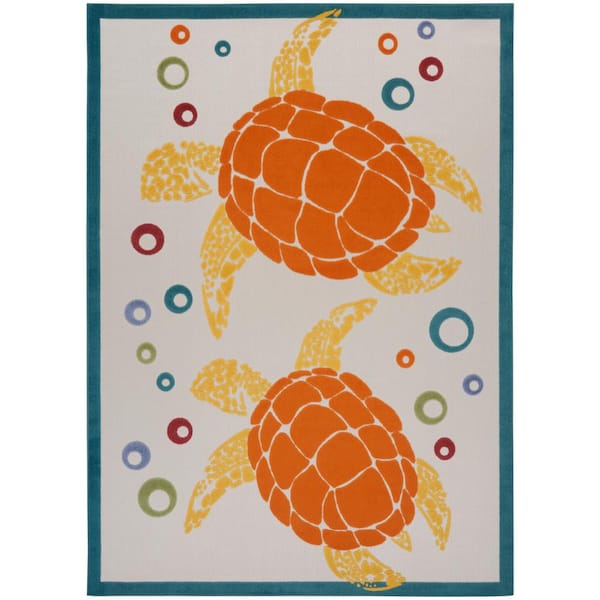Nourison Aloha Teal Multi 8 ft. x 11 ft. Coastal Sea Turtle Botanical Contemporary Indoor/Outdoor Patio Area Rug