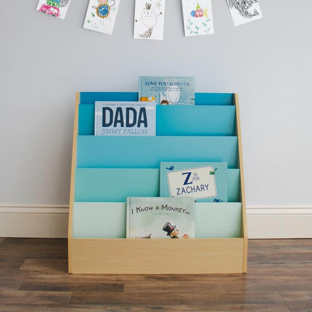 Natural Pine Kids' 5-Tier Wooden Bookcase with Blue Shelves