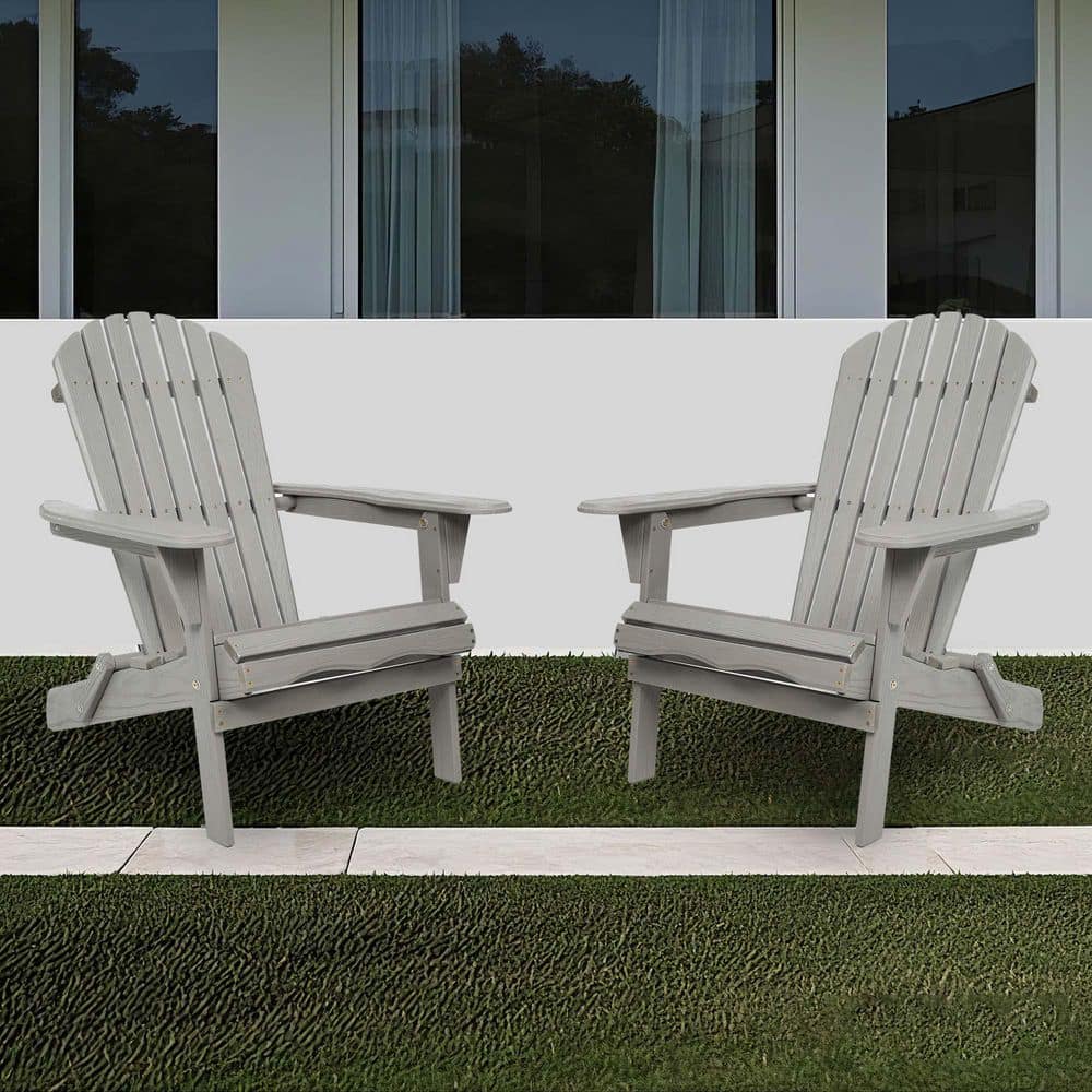 Outdoor Gray Folding Wood Embossed Adirondack Chair, Lounge Patio Set of 2,