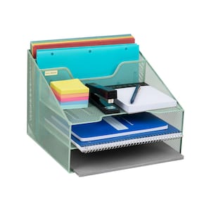 Network Collection, 5-Compartment, 3-Tier File Storage, 2 Vertical Compartments, Desktop Organizer, Metal, Green