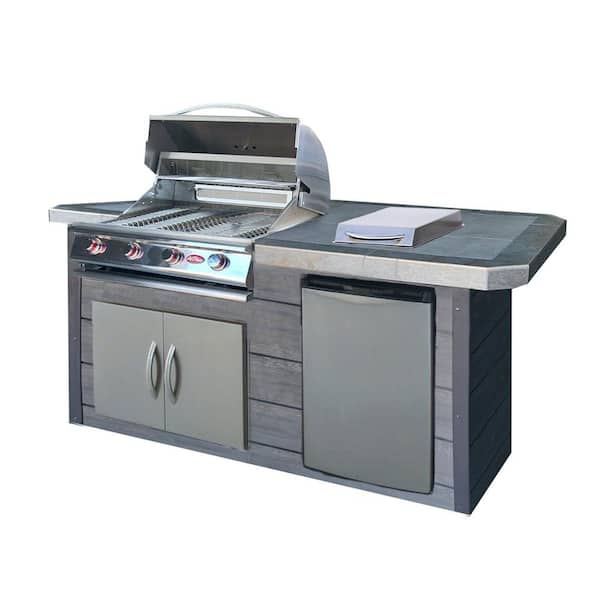 Cal Flame 4-Burner 7 ft. Synthetic Wood and Tile Propane Gas Grill Island in Stainless Steel