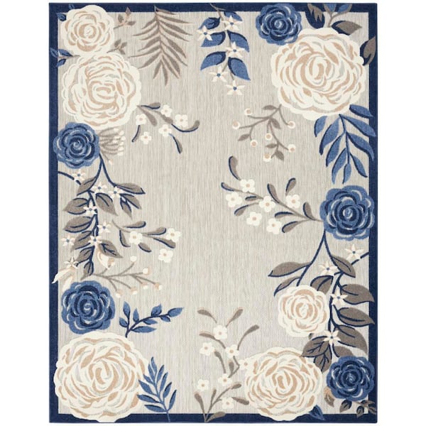 Aloha Blue/Grey 9 ft. x 12 ft. Botanical Contemporary Indoor/Outdoor Area Rug