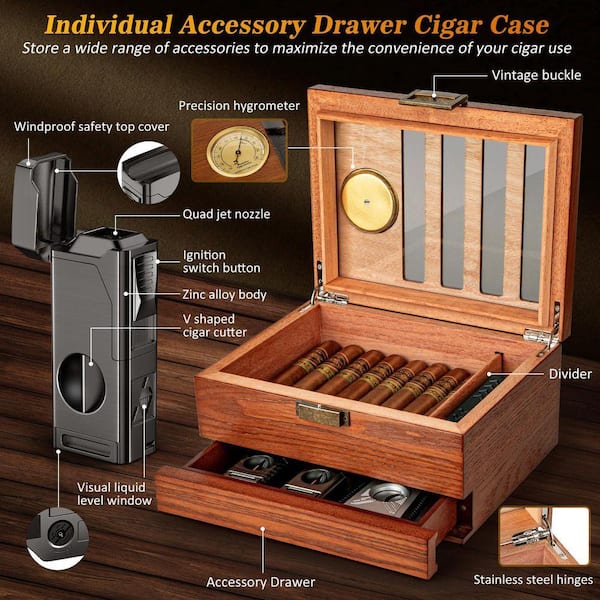 10.2 in. W x 5.9 in. H Brown Cedar Wood Cigar Humidor w/Vintage
