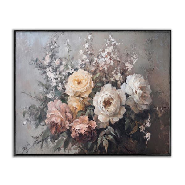 Stupell Industries Roses & Peonies on Gray by Petal Prints Design Black Framed Nature Giclee Art Print 11 in. x 14 in.