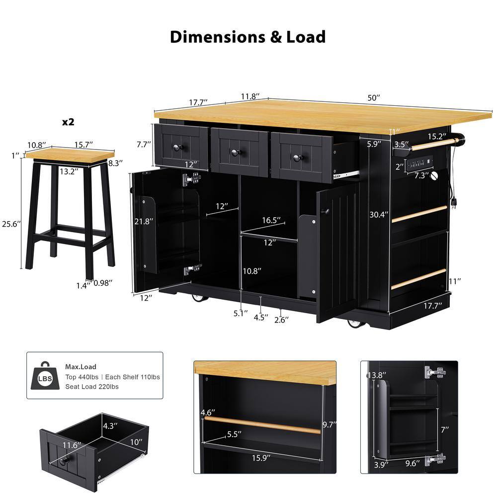 Gray Blue Kitchen Cart with Drop-Leaf Tabletop, Internal Storage Racks, 2 Bar Stools, Power Outlet, 5 Open Side Racks - thumbnail 3