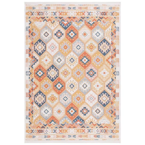 SAFAVIEH Sunrise Gold/Rust Blue 4 ft. x 6 ft. Geometric Trellis Reversible Indoor/Outdoor Area Rug