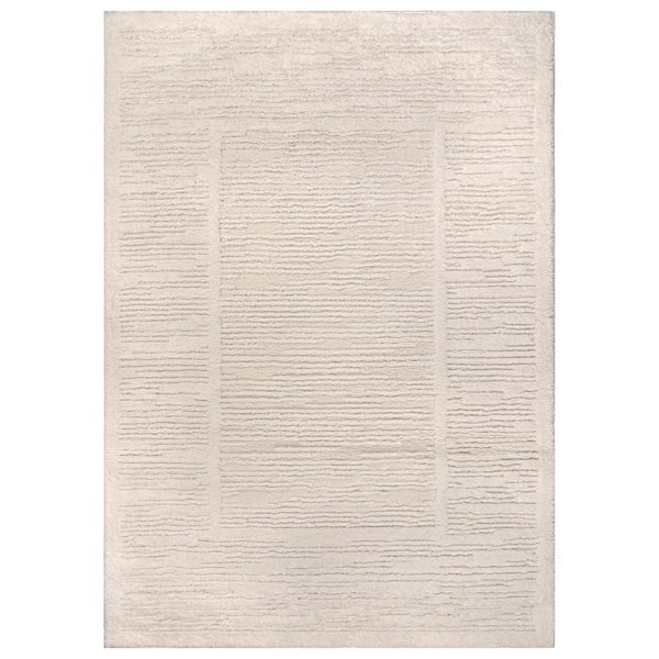 Striped Framed Border Power Loomed Soft Shag High-Low Indoor 5 ft. x 7 ft. White Area Rug
