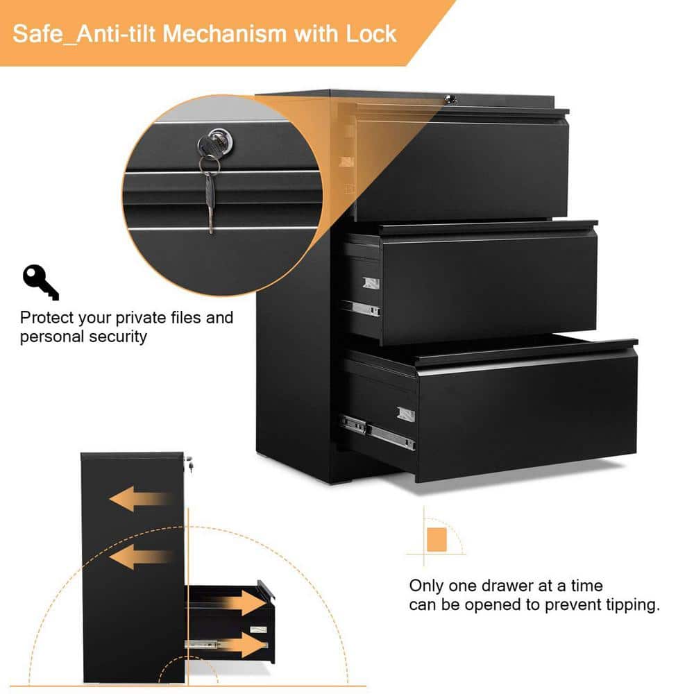 Black Steel 3-Drawer Lockable Lateral Filing Cabinet