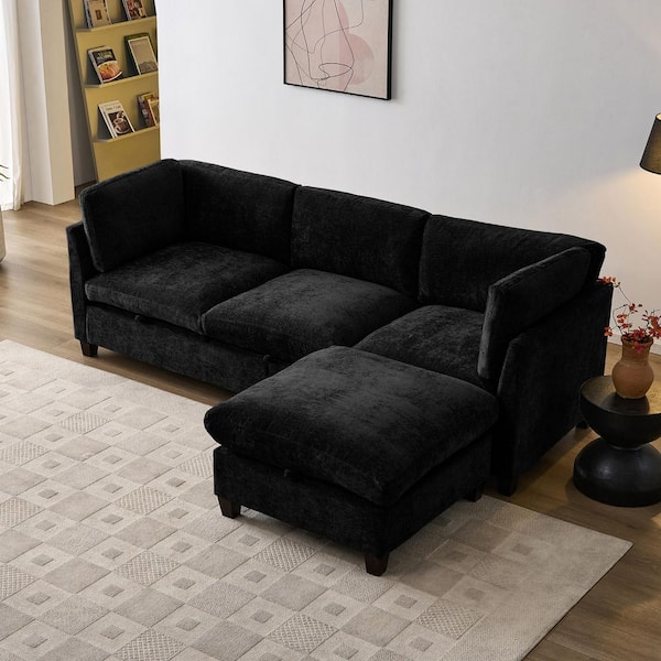 Prescott Modern 96.5 in. Chenille Fabric Upholstered L-Shaped 3-Seater Storage Sectional Sofa in Black with Ottoman