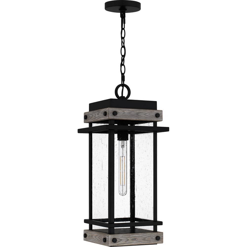 Matte Black Glass and Wood Outdoor Hanging Lantern