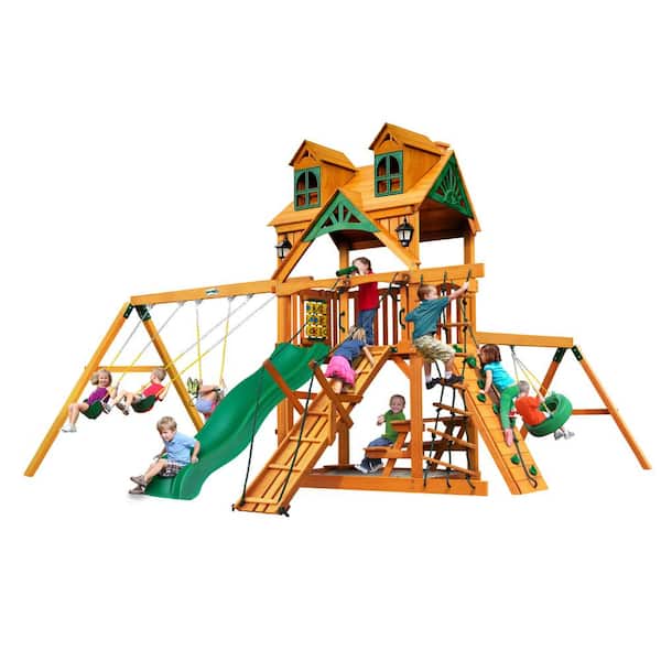 Gorilla Playsets Frontier Wooden Swing Set with Malibu Wood Roof and Tire Swing