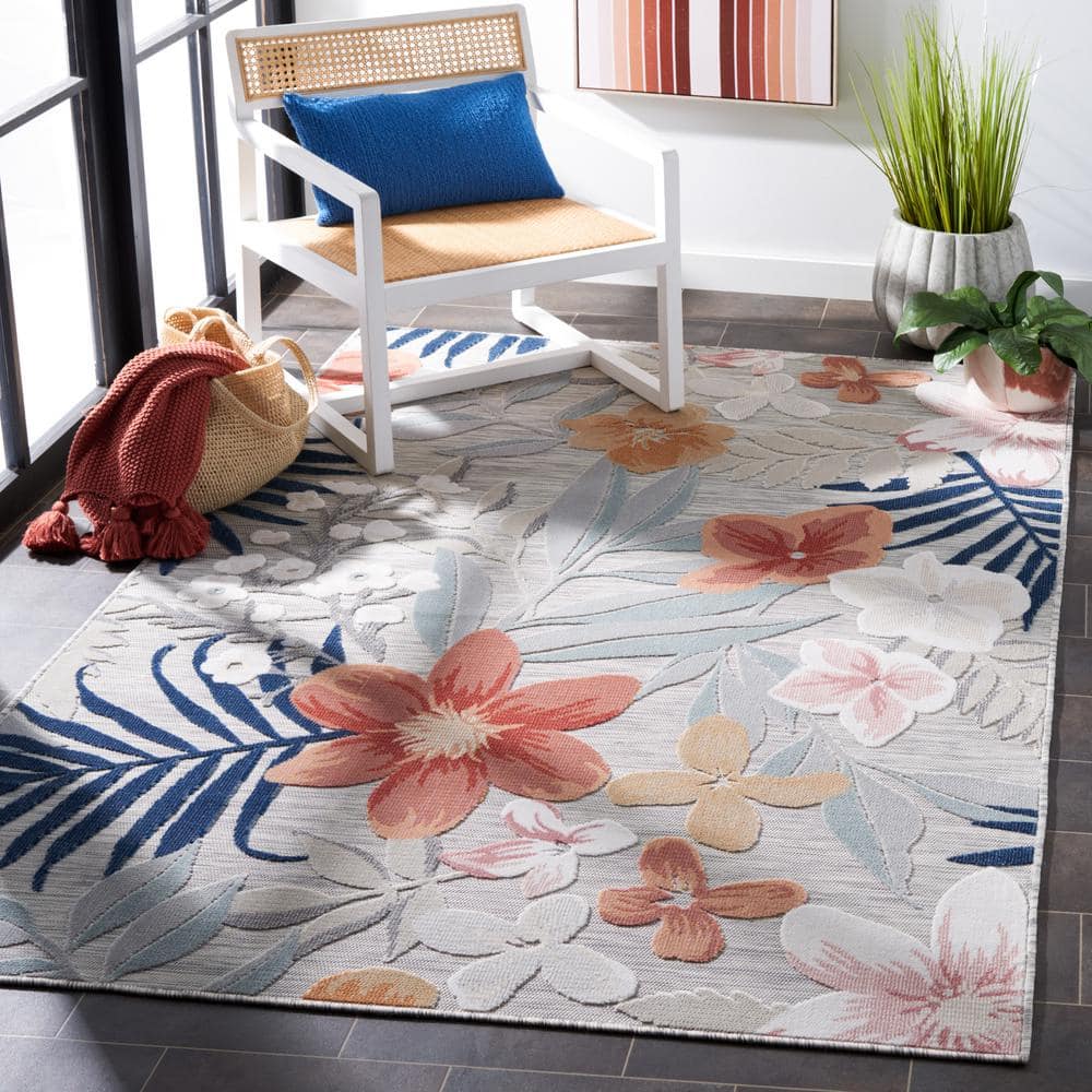 Grey and Rust Floral Washable Synthetic Area Rug