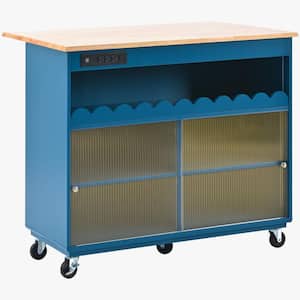 Blue Wood 44 in. Large Kitchen Island with Sliding Glass Door and LED Light