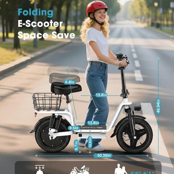 folding electric bicycle scooter Lycvki 14 in. White Folding Electric Bike for Adults 500-W Motor 48-V Battery