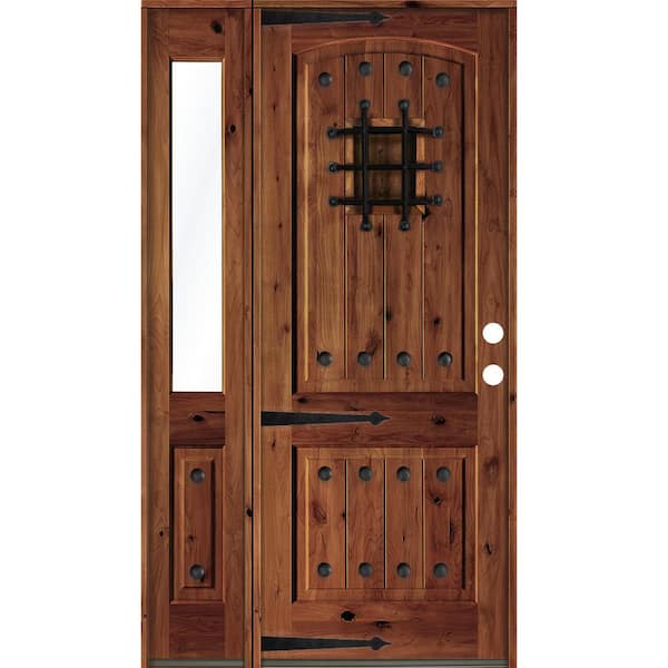 Krosswood Doors 56 in. x 96 in. Mediterranean Knotty Alder Left-Hand/Inswing Clear Glass Red Chestnut Stain Wood Prehung Front Door